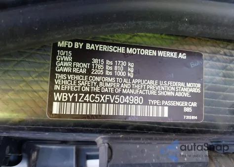 2015 BMW I3 Base W/Range Extender из США, поврежденный, VIN WBY1Z4C5XFV504980